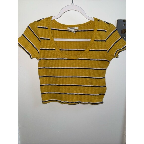 Forever 21 Tops - Forever 21 Mustard Striped Ribbed Scoop-Neck Crop Top